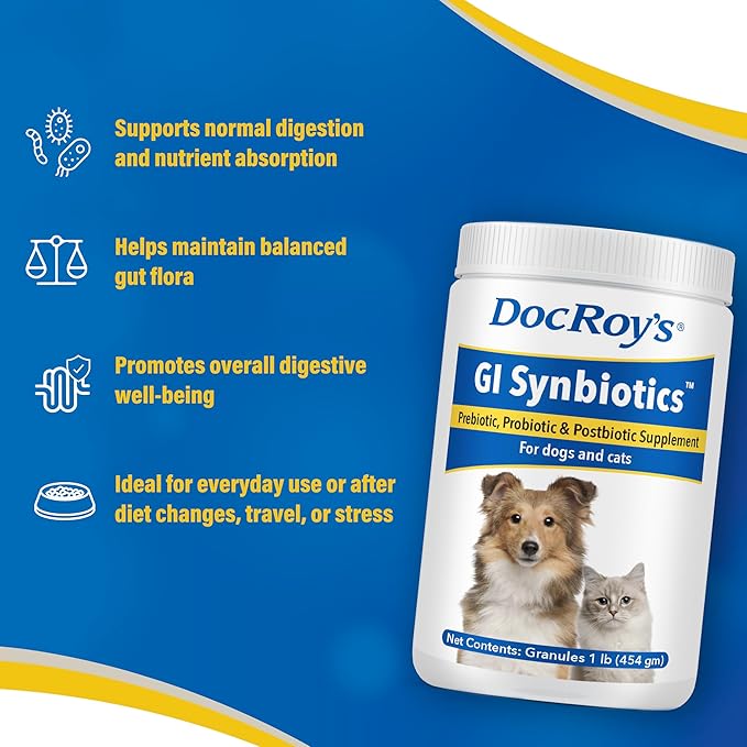 Doc Roy’s GI Synbiotics Probiotic & Prebiotic Granules for Dogs & Cats, Digestive & Immune Health Supplement with Live Cultures, BgMOS & Beta Glucans, Chicken Flavor, 454g Granules
