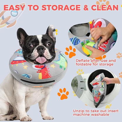 PAWCHIE Inflatable Dog Cone Collar Alternative, Soft Dog Cone for Medium to Large Dogs After Surgery, Adjustable Neck Recovery E-Collars Donut Collar with Cute Dinosaur Prints, Grey L