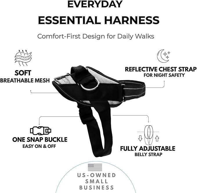 ShawnCo Essential Dog Harness, No-Pull Pet Vest with 3 Leash Clips, No Choke, Reflective, Adjustable and Padded, for Easy Walking and Training for Small, Medium and Large Dogs (White Marble, XL)