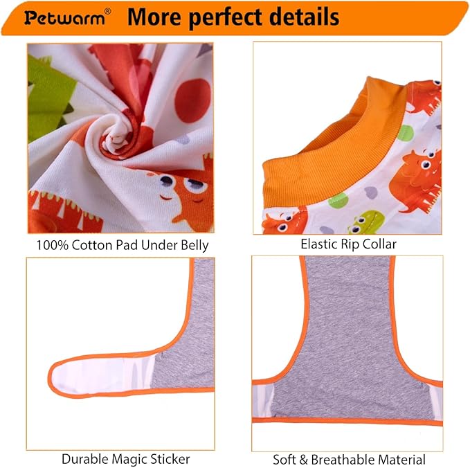 PetWarm Dog Surgery Recovery Suit Male Neuter, Recovery Suit for Dogs, Dog Recovery Shirt Abdominal Wounds Bandages Substitute E-Collar and Cone, Dinosaur Pattern, Yellow, S