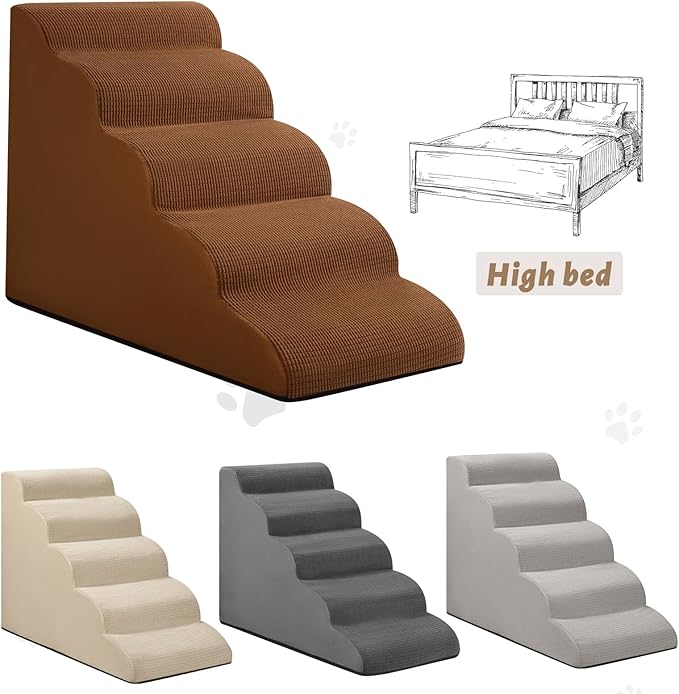 Aodisman 5-Step Dog Stairs and Ramp for High Bed,Non-Slip Sturdy Pet Steps for Small Dogs and Cats,22.2" H,Brown