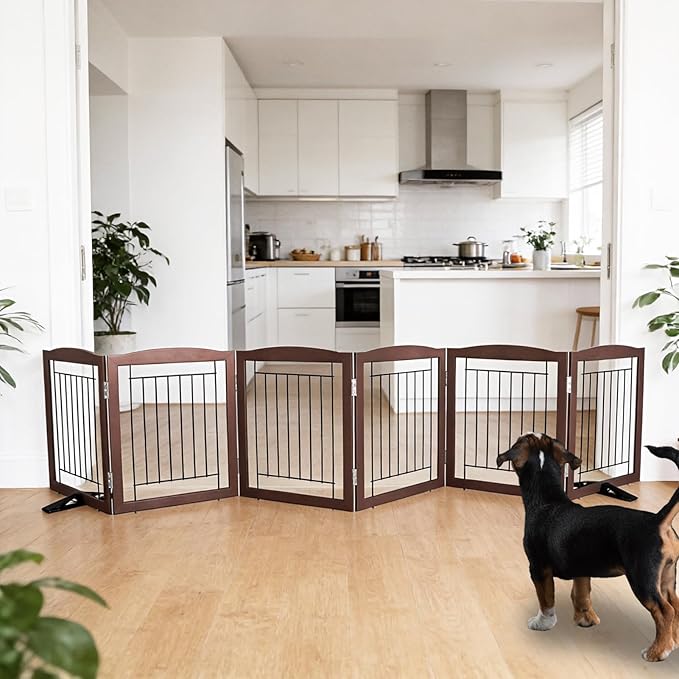 ZJSF Freestanding Dog Fence Indoor, Foldable Dog Gate for Doorways, Stairs or Hallways, Sturdy Wood Extra Wide Pet Gate with Support Feet for The House, Brown, 24 "Height-6 Panels
