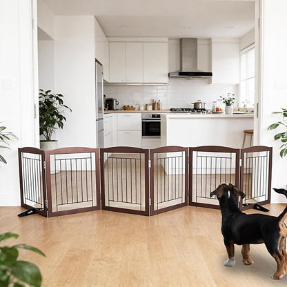 ZJSF Freestanding Dog Fence Indoor, Foldable Dog Gate for Doorways, Stairs or Hallways, Sturdy Wood Extra Wide Pet Gate with Support Feet for The House, Brown, 24 "Height-6 Panels