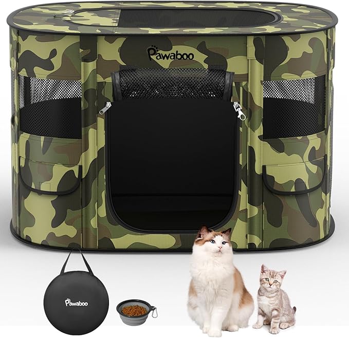 Dog Playpen, Portable Pet Cat PlayPen, 600D Oxford Dog Kennel Tent Crate, Waterproof&Breathable, Indoor Outdoor Travel Camping for Medium/Large Breed with Carrying Case+Bowl(L), Black Camouflage