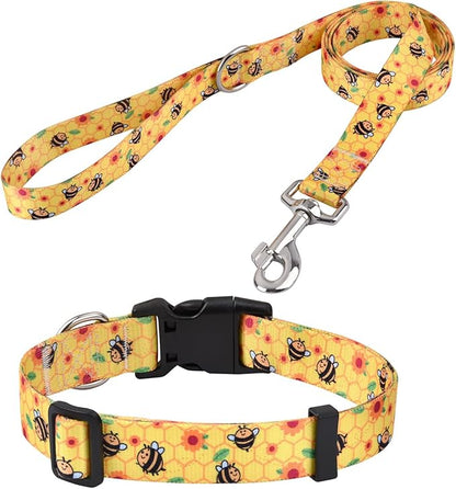 Mihqy Dog Collar and Leash Set with Bohemia Floral Tribal Geometric Patterns - Soft Ethnic Style Collar Adjustable for Small Medium Large Dogs(Bee Set,XS)