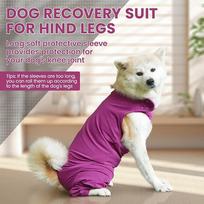 IDOMIK Dog Recovery Suit,Dog Leg Sleeve to Stop Licking Rear Legs,Thigh Wound Protective Sleeve,Male Female Pet Surgical Clothes,Doggy Surgical Suit with Pants Cover,Cone Collar Alternative,Purple,XL