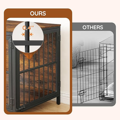HOOBRO Heavy Duty Dog Crate Furniture, 31.5" Wooden Indoor Kennel with 3 Doors, Chew Resistant Metal Cage for Small and Medium Breeds, Dog Crate Side Table, Black and Rustic Brown BF81GW03