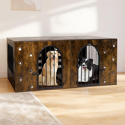 63" Dog Crate Furniture for 1 or 2 Dogs, Heavy Duty Single/Double Dog Kennel with Bowls, Farmhouse Wood Metal Dog Cage for Small/Medium/Large Dogs, Brown