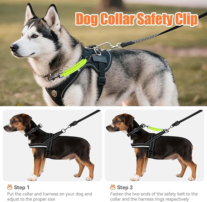 Dog Collar Safety Clip, Collar Companion, Handmade Backup Safety Strap, Double-Ended Clip Leash Connector, Suitable for Dog Harnesses, Prong, Pinch Collars (Fluoro Green, 1 Pack)