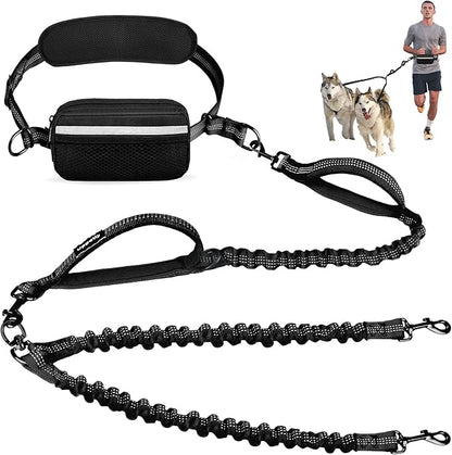Uppetly Hands Free Double Dog Leash with Pouch, Dual Leash for 2 Dogs with Reflective Padded Handles, Durable Bungee and Lumbar Waist Belt for Walking, Jogging and Running (Small, 8-25 lbs)