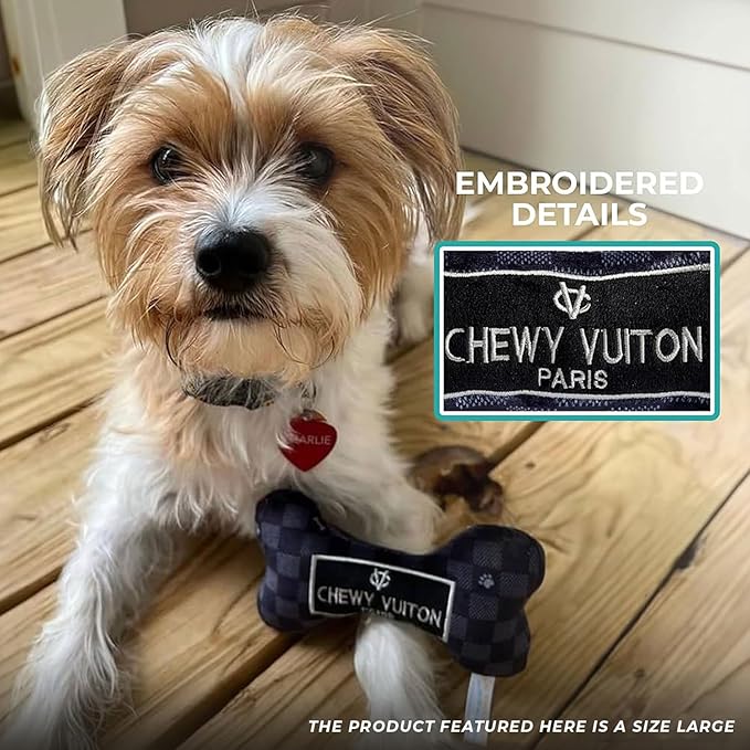 Haute Diggity Dog Chewy Vuiton Bone Plush Squeaky Dog Toy, Soft Durable Designer-Inspired Stuffed Puppy Chew Toys for Small, Medium & Large Dogs, Machine-Washable (Black Checker) XL
