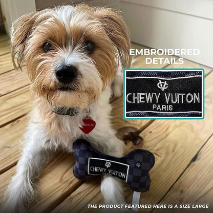Haute Diggity Dog Chewy Vuiton Bone Plush Squeaky Dog Toy, Soft Durable Designer-Inspired Stuffed Puppy Chew Toys for Small & Medium Dogs, Machine-Washable (Black Checker) Small