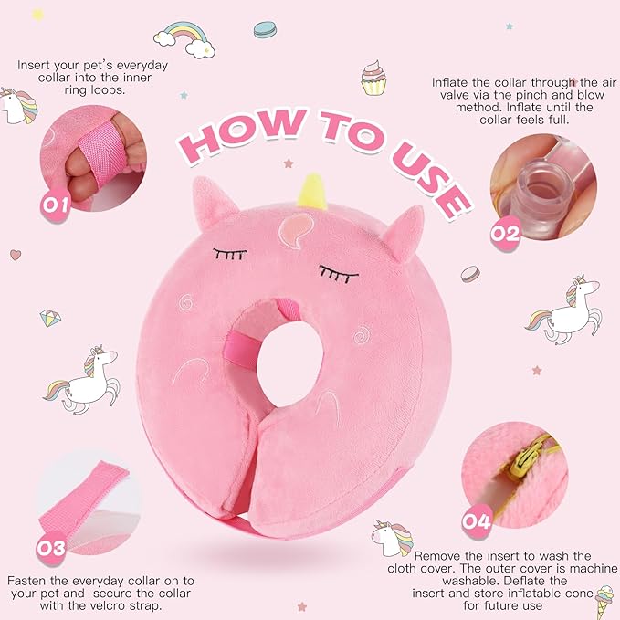 IEUUMLER Inflatable Recovery Dog Collar, Protective Donut Cone, Adjustable Soft Collar for Dog and Cat After Surgery Prevent from Biting & Scratching EU002 - Unicorn M+