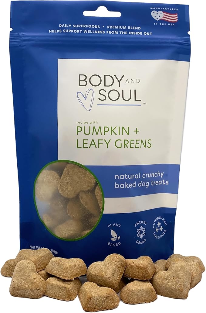 Body and Soul Pumpkin + Leafy Greens Crunchy Premium Healthy Training Dog Treat Superfood Oven Baked Biscuits Oats, Barley & Quinoa Clean Natural Plant Protein, No Additives No Filler Made in USA 10oz