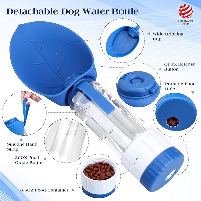 TIOVERY Dog Water Bottle, Pet Water Bottle with Food Container, Portable Dog Drinking Bottle Cup Dispenser for Outdoor Walking, Hiking, Travel Large Blue