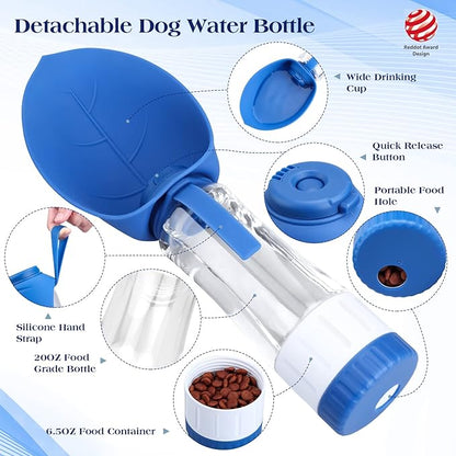 TIOVERY Dog Water Bottle, Pet Water Bottle with Food Container, Portable Dog Drinking Bottle Cup Dispenser for Outdoor Walking, Hiking, Travel Large Blue
