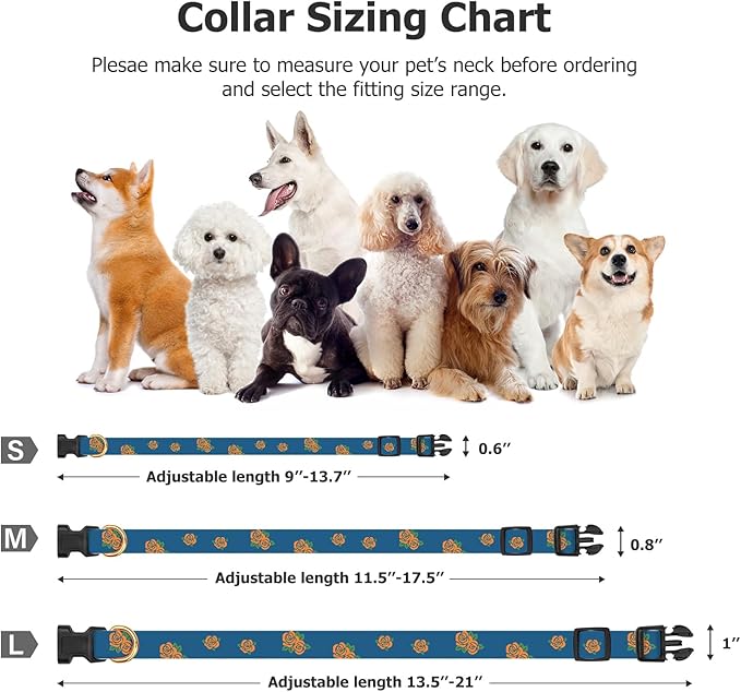 Cotton Handmade Dog Collar Cute and Distinctive Patterns Blue Rose with Pendant for Girl Boy Dogs Collars S