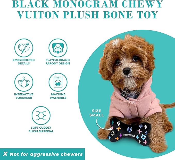 Haute Diggity Dog Chewy Vuiton Bone Plush Squeaky Dog Toy, Soft Durable Designer-Inspired Stuffed Puppy Chew Toys for Small & Medium Dogs, Machine-Washable (Black Monogram) Small