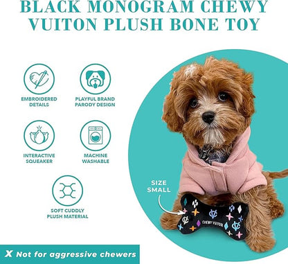 Haute Diggity Dog Chewy Vuiton Bone Plush Squeaky Dog Toy, Soft Durable Designer-Inspired Stuffed Puppy Chew Toys for Small & Medium Dogs, Machine-Washable (Black Monogram) Small