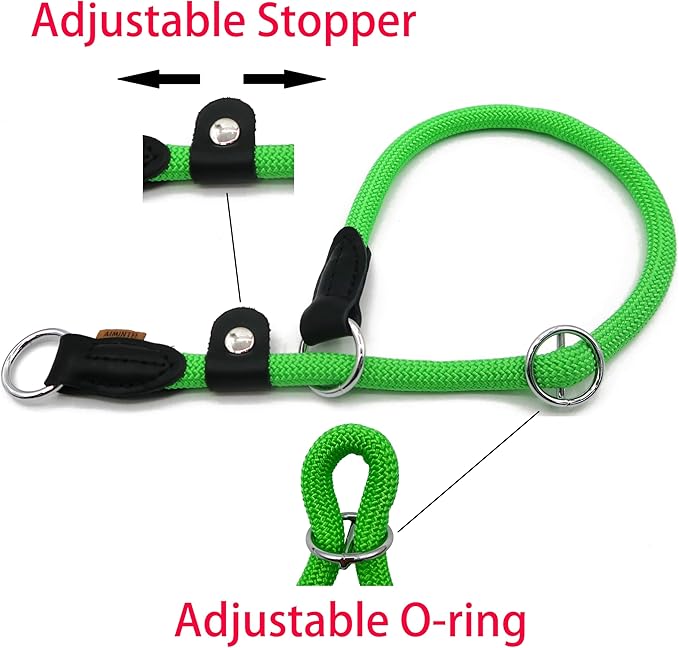Braided Round Martingale Dog Collar, Training Collar with Slidable Stop Ring and Adjustable Stopper - Ideal for Large Dogs (L(1/2") - 20" Long, Light Green)