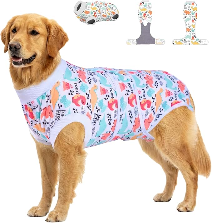 PetWarm Post Neuter Surgery Suit for Dogs Male, E Collar Alternative for Dogs After Surgery, Anti-Licking Dog Surgery Recovery Suit Dog Bodysuit, Dinosaur Pattern, White, 2XL
