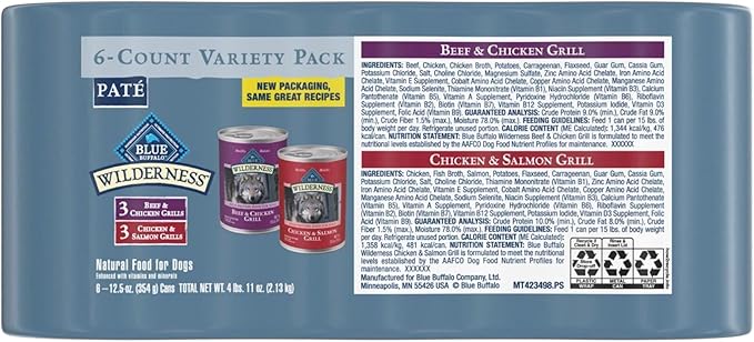 Blue Buffalo Wilderness High Protein Beef and Chicken & Salmon and Chicken Wet Dog Food Variety Pack for Adult Dogs, Grain-Free, 12.5 oz Cans (6 Pack)