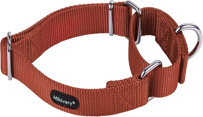 Mikivery Martingale Dog Collar Nylon Adjustable and Safety Training Colourful Comfortable Metal Buckle Pet Collars for Small Medium and Large Dogs(Brick Red,L)