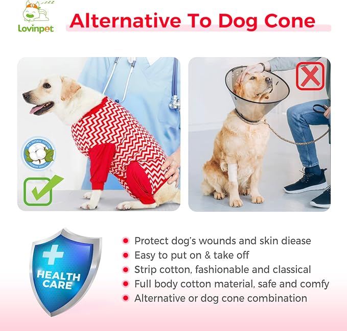 LovinPet Dog Recovery Suit for Large Medium Dogs - Cut-Out Design of Abdomen Recover Comfortably Well Protection Pet Onesie Suit Pet Pajamas Dog Anti Licking Bodysuit,Red Wave Pattern,M