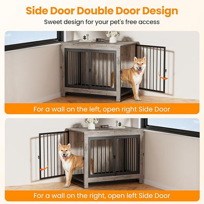 Derfullo Dog Crate Furniture, 38 Inch Indoor Dog Kennel for Medium Dogs Up to 50 LBS, Heavy Duty Wooden Pet Cage End Table with 3 Doors, Alloy Steel Frame & Removable Tray