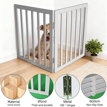 ZJSF Freestanding Indoor Dog Gate for House Foldable Wood Grey Puppy Gate for Doorways Pet Gate for Stairs Extra Wide Pet Fence 24" Height 2 Panels