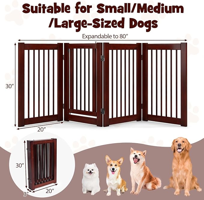 Giantex Dog Gate with Door - 30''H × 80''W Wooden Pet Gate with Walk Through Door, Foldable Freestanding 4 Panels Pet Safety Fence Extra Wide for Doorway Stairs House Deck Yard, Dark Cherry Brown