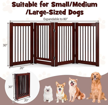 Giantex Dog Gate with Door - 30''H × 80''W Wooden Pet Gate with Walk Through Door, Foldable Freestanding 4 Panels Pet Safety Fence Extra Wide for Doorway Stairs House Deck Yard, Dark Cherry Brown