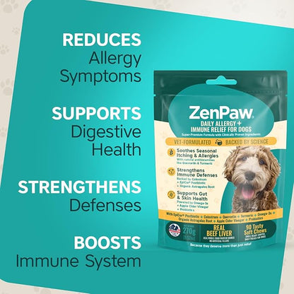 Daily Allergy + Immune Relief Dog Supplement Chews with Probiotics & Omega-3s for Itchy Skin and Ears, 50 Tasty Beef Liver Soft Chews for Dog Allergy Relief