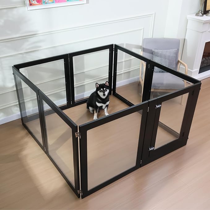 Heavy Duty Clear Acrylic Dog Playpen, 32" Height Transparent Pet Pen, Metal Frame Easy Assemble Kennel Enclosure, Ideal for Small to Medium Dogs, Cats, and Other Small Pets (Black, 2 Panels)