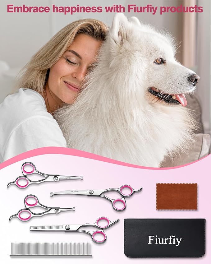Furry Professional Pet Grooming Scissors with Safety Round Heads - 6 in 1 Curved Scissors for Dogs and Cats