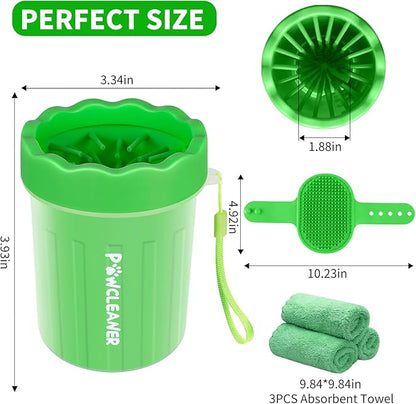 Professional 7 in 1 Dog Paw Cleaner for Dogs & Cats - Includes 1 Portable Paw Washer, 1 Bath Brush, 2 Dog Toothbrushes and 3 Absorbent Towels Note: Fits Paws up to 2 Inches Wide (Small, Green)