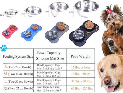 Dog Bowls with Anti-Overflow and Anti-Skid Silicone Dog Food Mat, Stainless Steel Feeder Easy to Clean for Small Medium Large Dogs Cats Pets