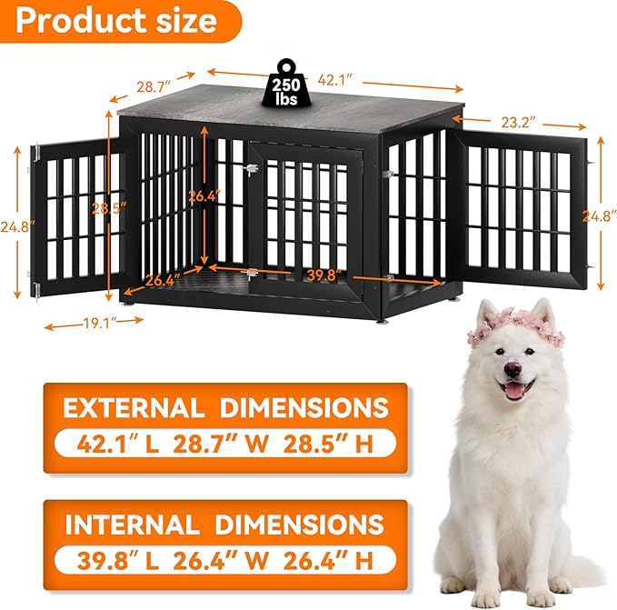 Snuowu 42" Heavy Duty Dog Crate Furniture for Small,Medium and Large Dogs,Rustic Wooden Dog Cage Kennel Indoor Furniture with Waterproof Top,Decorative Pet House Side End Table (Black & Grey)