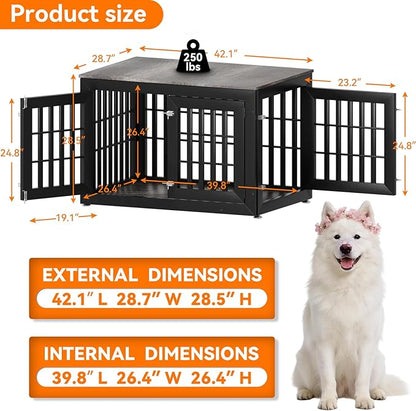 Snuowu 42" Heavy Duty Dog Crate Furniture for Small,Medium and Large Dogs,Rustic Wooden Dog Cage Kennel Indoor Furniture with Waterproof Top,Decorative Pet House Side End Table (Black & Grey)