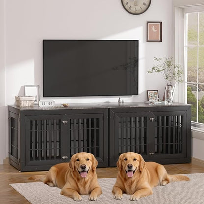 Snuowu 48" Heavy Duty Dog Crate Furniture for Small,Medium and Large Dogs,Rustic Wooden Dog Cage Kennel Indoor Furniture with Waterproof Top,Decorative Pet House Side End Table (Black & Grey)