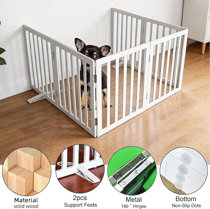 ZJSF Freestanding Indoor Dog Gate for House Foldable Wood White Puppy Gate for Doorways Pet Gate for Stairs Extra Wide Pet Fence 32" Height 6 Panels