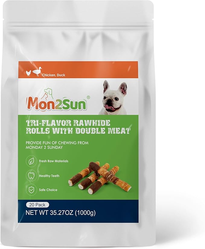 MON2SUN Dog Treats, Triple Flavor 6 Inch Chicken Liver Duck and Chicken Wrapped Rawhide Sticks, Teeth Cleaning Snacks for Medium Dogs, 35.27 oz (20 Count-Pack of 2)