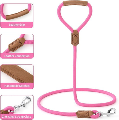 Mile High Life Leather Dog Leash, Heavy Duty Strong Genuine Leather Handle Rope Leash Soft and Comfortable for Small Medium Large Dogs (Hot Pink, 48 Inch)