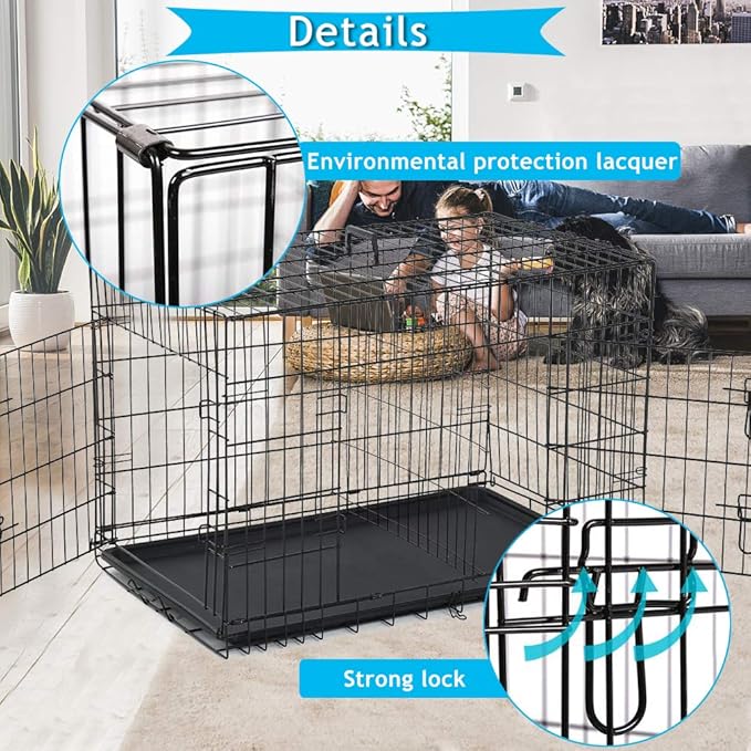 Folding Dog Crate 36" Metal Portable Outdoor Double Door Wire Large Cat Pet Dog Cage Kennel with ABS Tray LC & Divider, Black