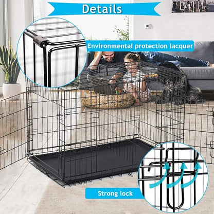 Folding Dog Crate 36" Metal Portable Outdoor Double Door Wire Large Cat Pet Dog Cage Kennel with ABS Tray LC & Divider, Black