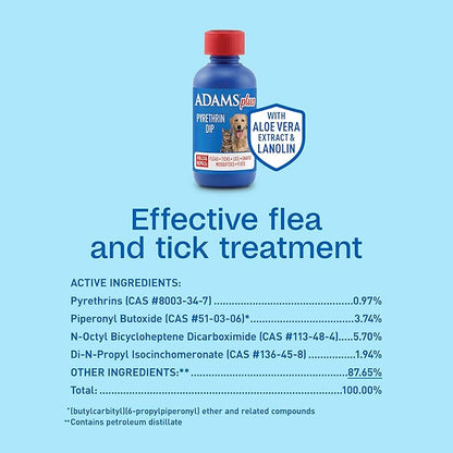 ADAMS Plus Pyrethrin Flea Dip for Dogs and Cats, Kills and Repels Fleas, Ticks, Lice, Gnats, Mosquitoes and Flies, for Dogs, Cats, Puppies, & Kittens, 4 Fl oz
