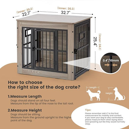32 Inch Heavy Duty Dog Crate Furniture for Medium/Small Dogs, Decorative Pet House End Table with 3 Doors & Adjustable Bowls, Wooden Cage Kennel Furniture Indoor, Rustic Grey