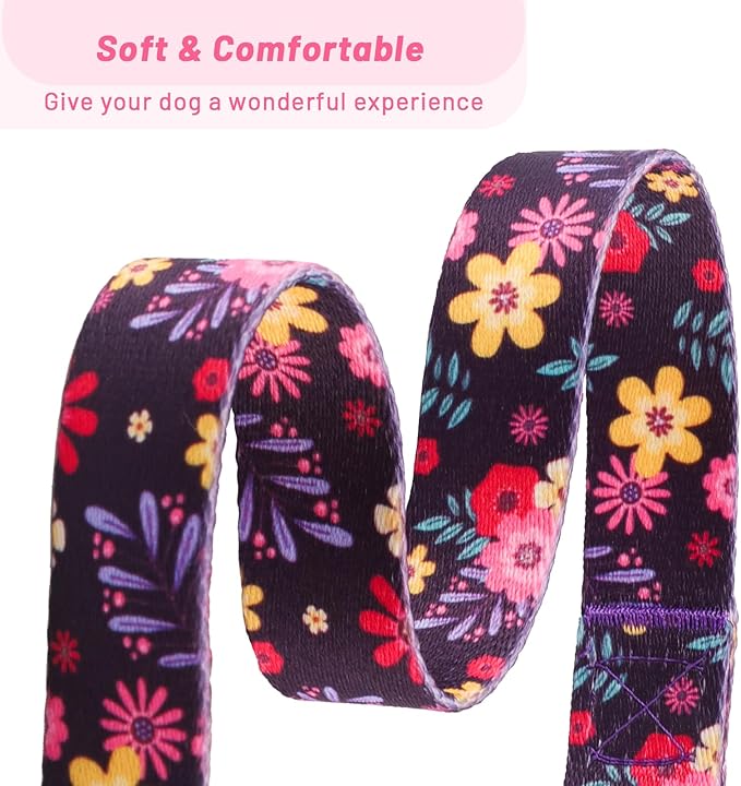 QQPETS Adjustable Soft Dog Collar: Print Flower Pink Multicolor Cute Patterns for XS Small Medium Large Pet Girl Boy Puppy Walking Running Training (S, Elegant Purple)