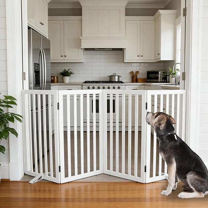 ZJSF Freestanding Indoor Dog Gate for House Foldable Wood White Puppy Gate for Doorways Pet Gate for Stairs Extra Wide Pet Fence 32" Height 4 Panels