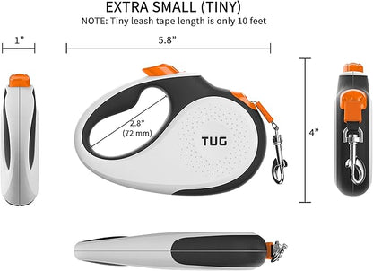 TUG Tiny 360° Tangle-Free Retractable Dog Leash with Anti-Slip Handle | 10 ft Nylon Tape | One-Handed Brake, Pause, Lock (White/Orange)
